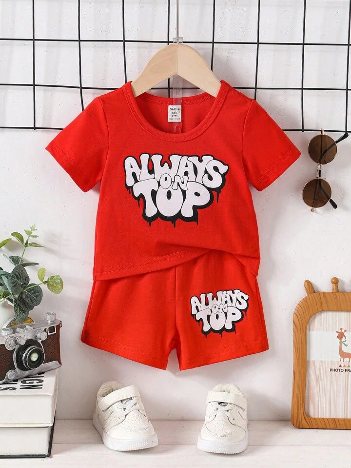Premium Cotton Kids Summer Vibrant Red "ALWAYS ON TOP" Graffiti Lettering Printed Short Sleeve Top with Matching Printed Red Shorts Outfit Set (3 Months - 6 Years)