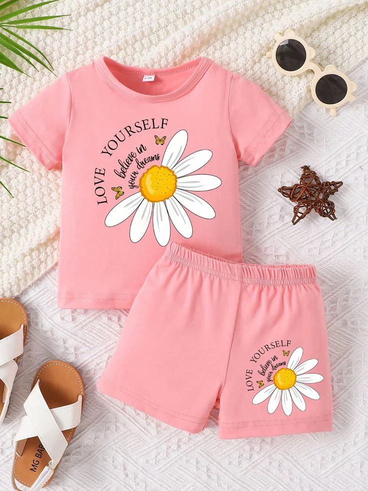 Pink Daisy Flower "LOVE YOURSELF" Graphic T-Shirt & Matching Shorts 2-Piece Set