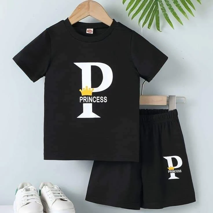 Black Letter "P" Princess Crown Graphic T-Shirt & Matching Shorts 2-Piece Set