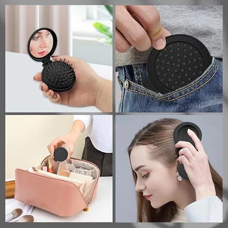 Vintage Black Mini Folding Pocket Hair Brush with Mirror & Comb