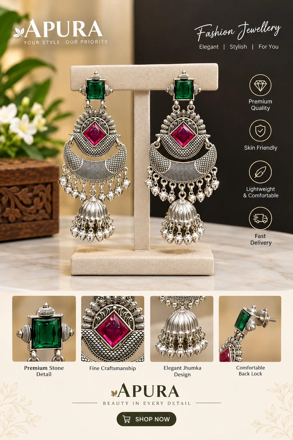 Premium Indian Dual-Tone Stone Studded Oxidized Jhumka Earrings
