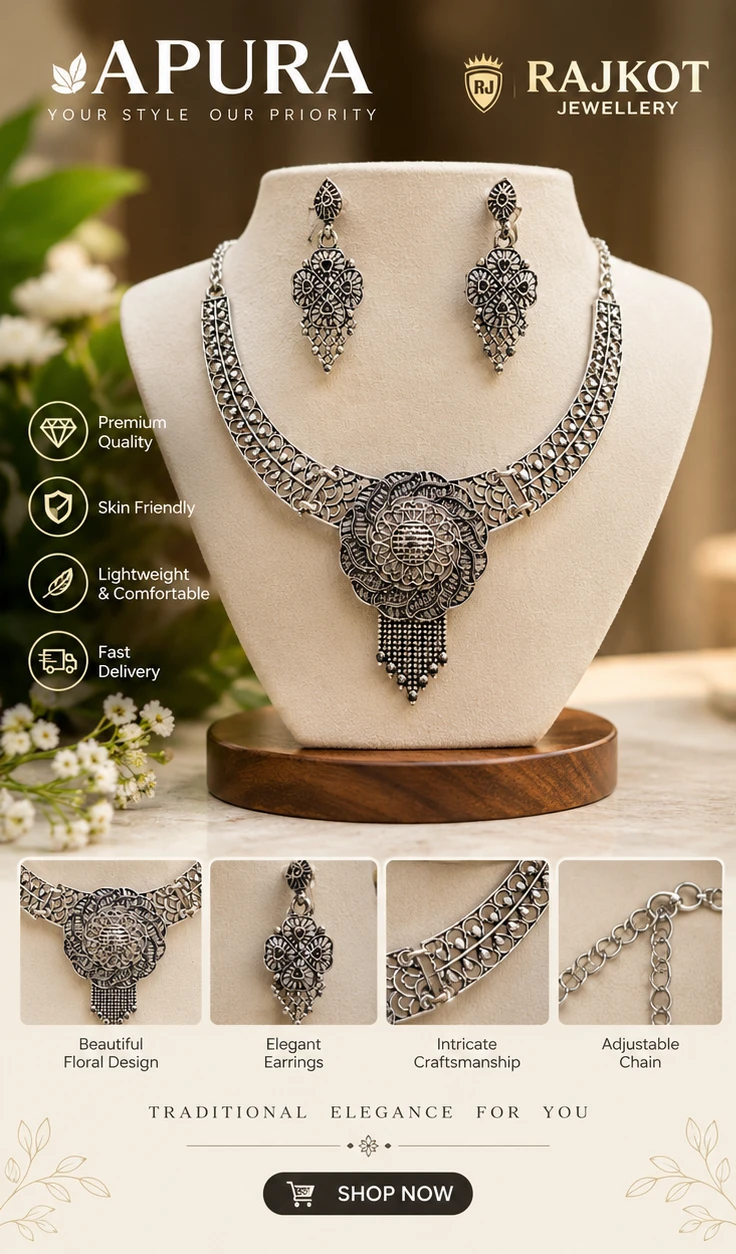 Exquisite Indian Oxidized Silver Necklace Set – Traditional Floral Elegance
