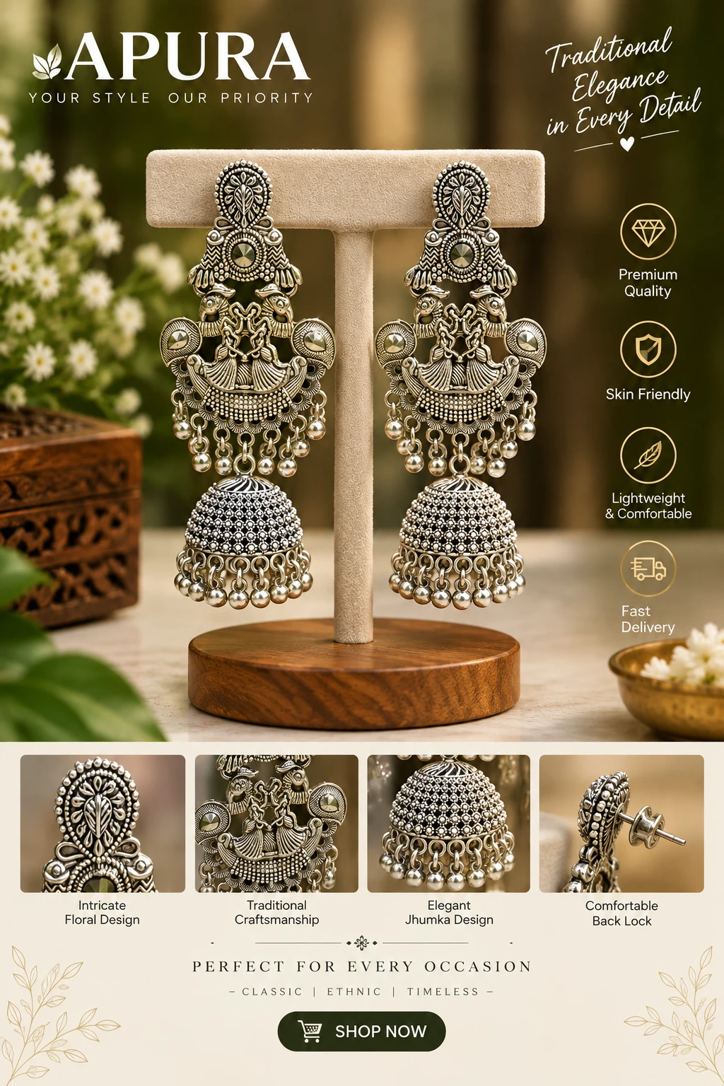 Indian Royal Oxidized Silver Jhumka Earrings – Traditional Peacock & Floral Motifs