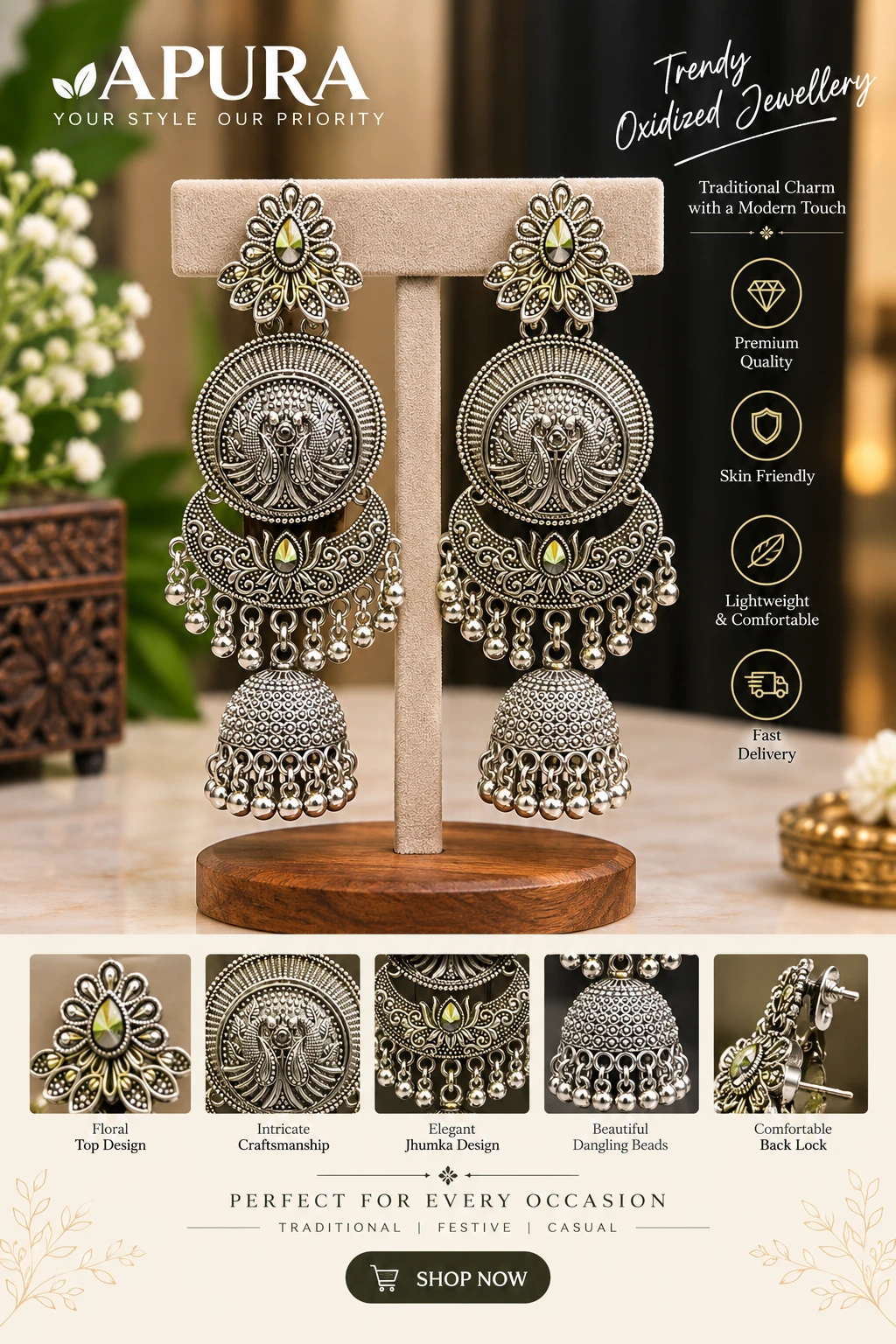 Trendy Indian Oxidized Silver Jhumka Earrings
