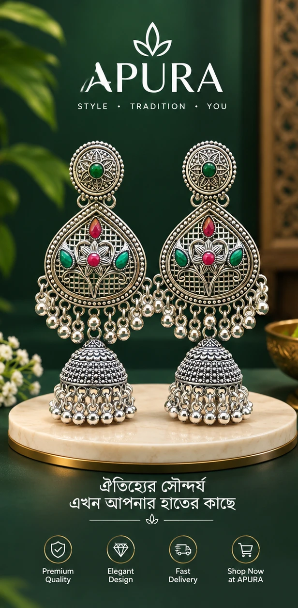 Indian Royal Oxidized Teardrop Jhumka Earrings with Multicolor Stone Detail