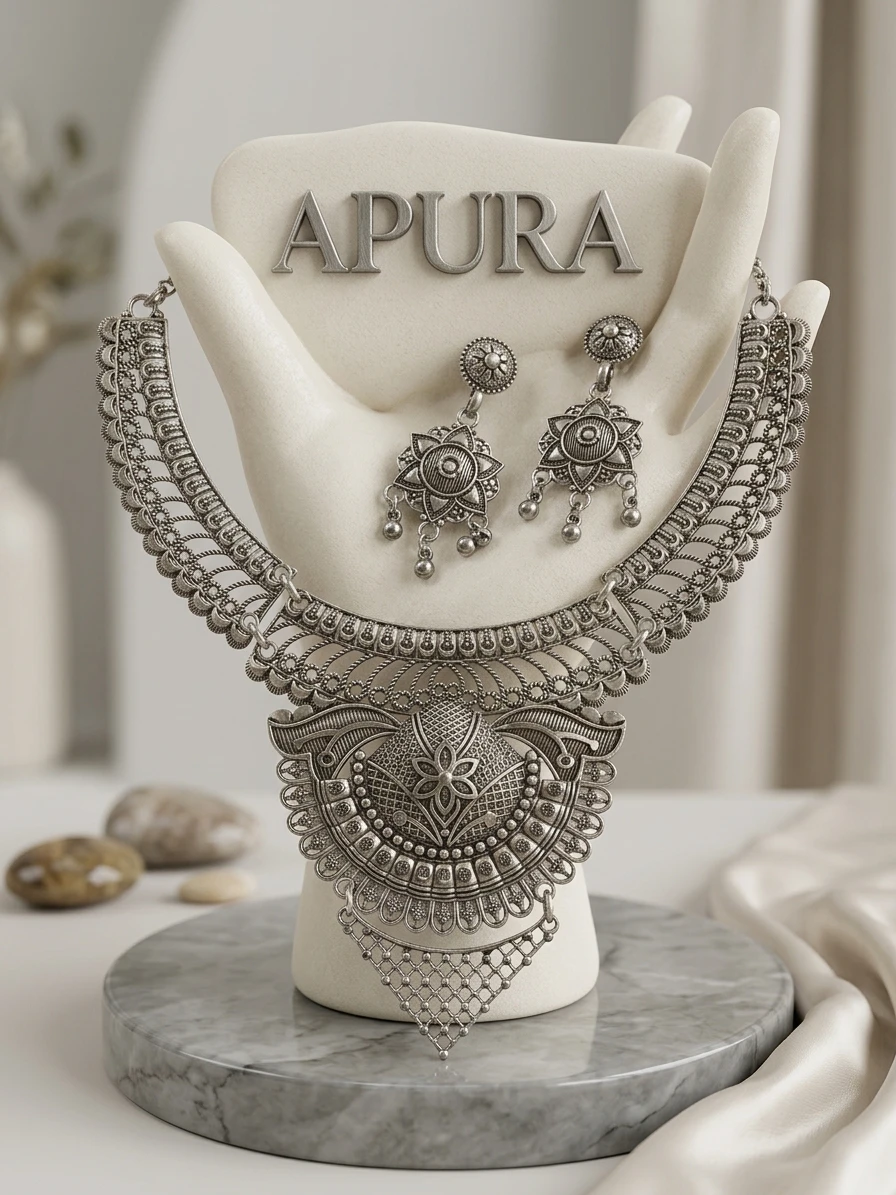 Indian Traditional Rajkot Oxidized Silver Choker Necklace Set with Matching Earrings