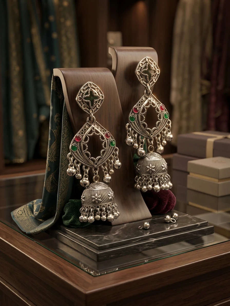 Indian Royal Oxidized Silver Statement Jhumka Earrings with Ruby Red & Emerald Green Gemstones