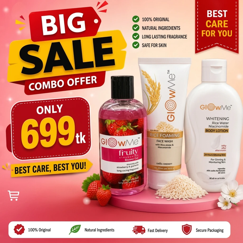 GlowMe 3-in-1 Whitening Skin Care Combo GlowMe Rice Foaming Face Wash, Body Lotion & Shower Gel