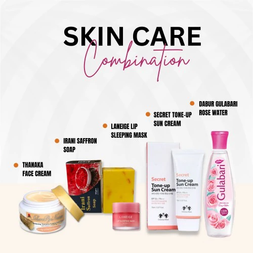 5 In One Beauty Care Combo(Thanaka Face Cream,Irani Soap ,Laneige lip sleeping mask ,Secret Tone up,Gulabari Rose Water)