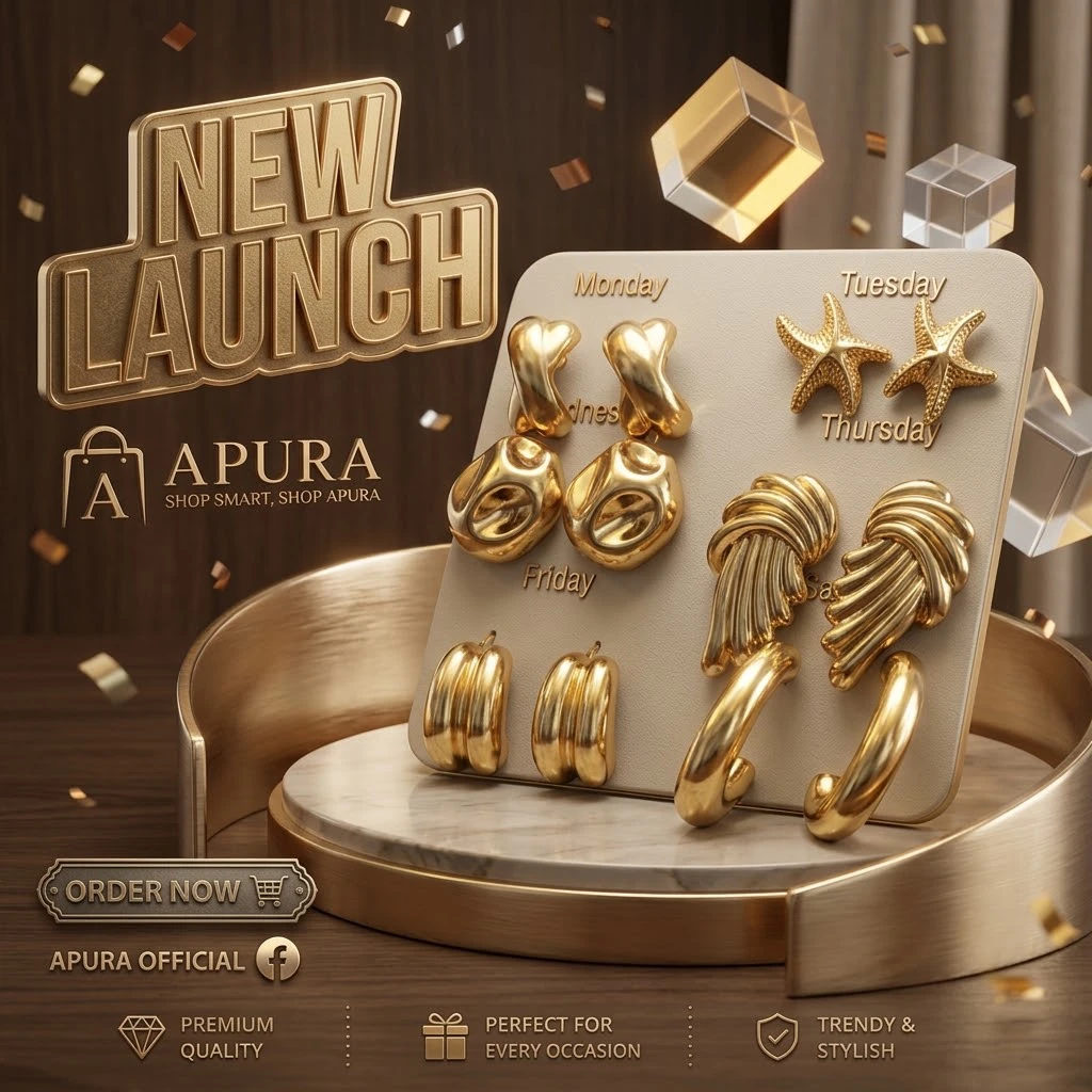 Trendy Golden Weekly Earrings Set – 5 Pairs Daily Fashion Earring Pack