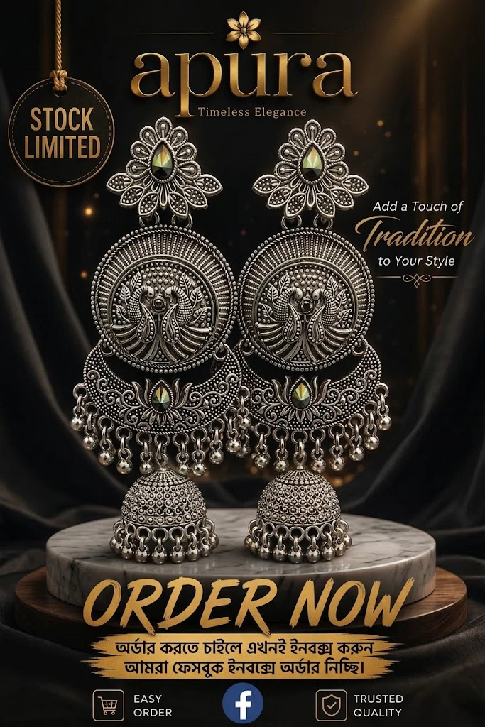 Indian Royal Antique Silver Peacock Jhumka Earrings with Emerald Green Accent