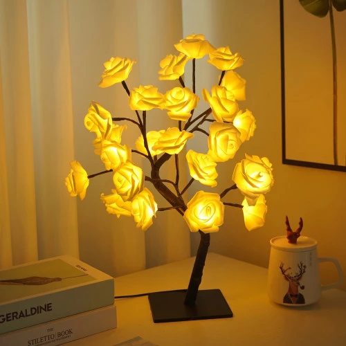 White Rose LED Tree Lamp – 24 Warm White Fairy Lights, USB Powered Tabletop Decor