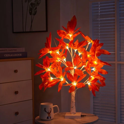 Decorative Tabletop Lighted Tree – Glowing Orange Fall Leaves Night Light