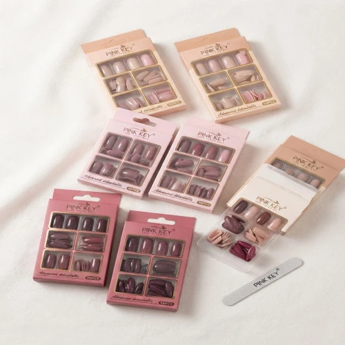 1 Box Pink Key Advanced Detachable False Nails - Multi-Color Press-On Nail Set with Glue Stickers