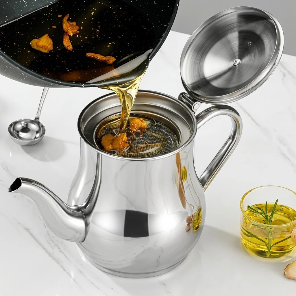 Stainless Steel Oil Strainer Pot Container Jug Storage Can With Filter Cooking Oil Pot For Kitchen Household Tools 410ML