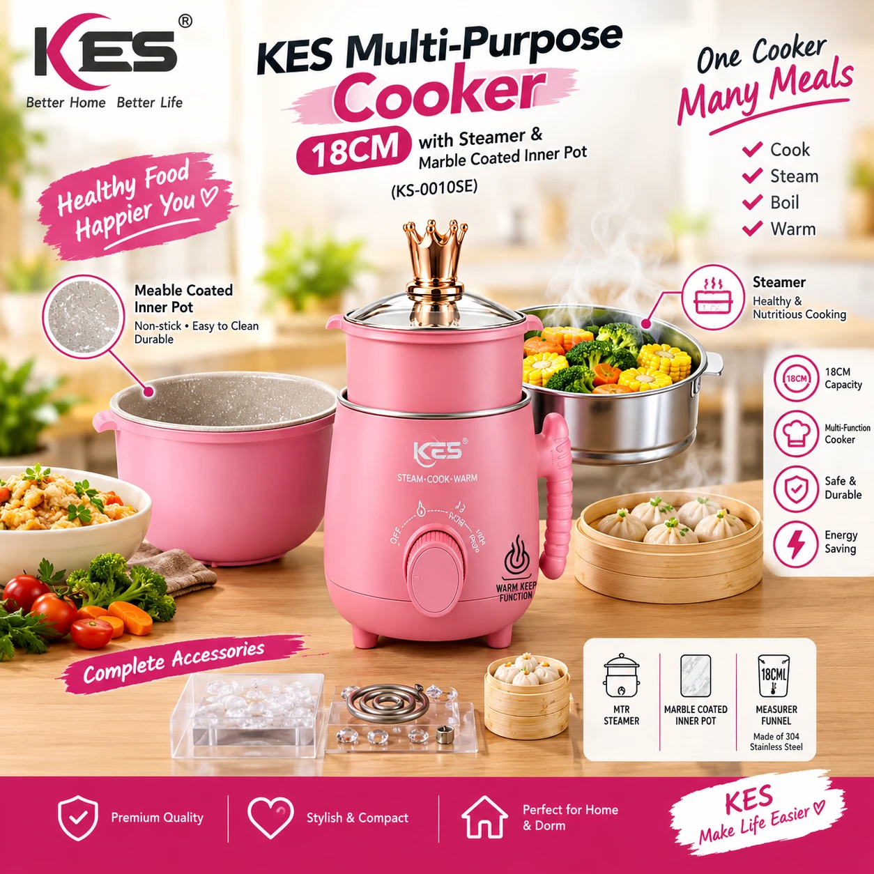KES Multi-Purpose Cooker 18CM with Steamer & Marble Coated Inner Pot (KS-0010SE)